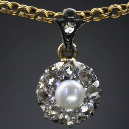 Victorian pearl diamond cluster pendant link gold chain